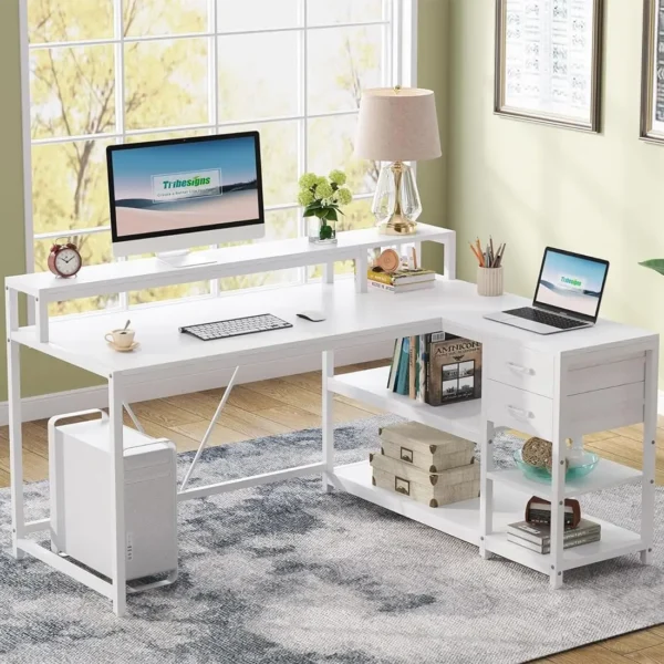 55-inches Reversible L Shaped Desk with Drawer, Modern White L Corner Desk Home Office Table with Storage Shelves and Monitor